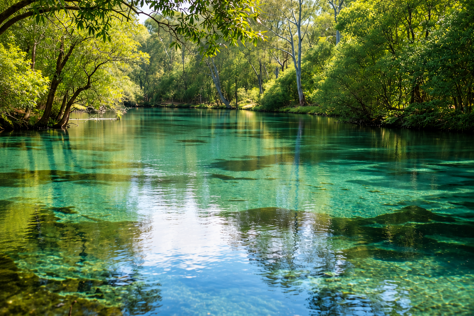 Clear turquoise spring water surrounded by sunlit green trees